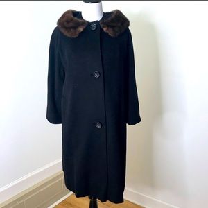 Vintage Black Fur Collar Wool Peacoat Swing Coat